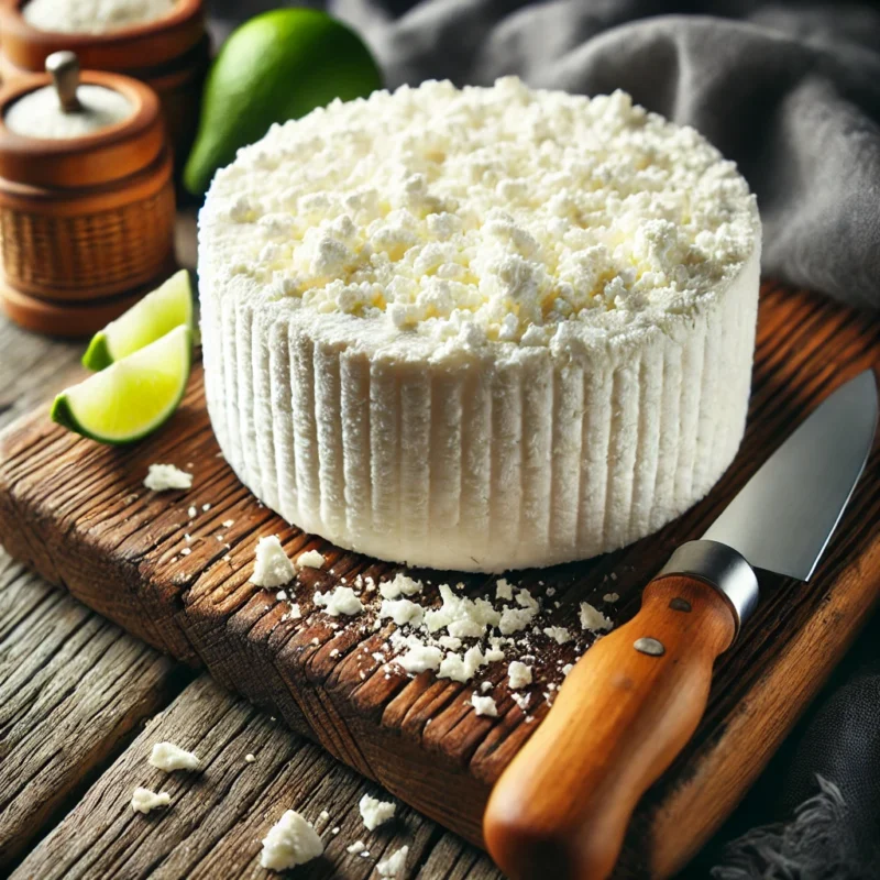A close-up image of Cotija cheese, showcasing its crumbly texture and white color. 