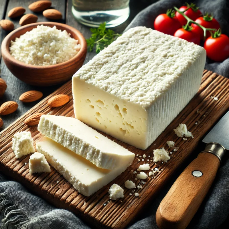 A close-up image of Cotija cheese, showcasing its crumbly texture and white color. The cheese is placed on a rustic